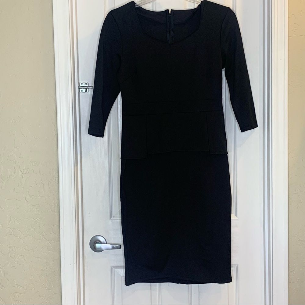 Classic Black Peplum Midi Dress 3/4 Sleeves Size Large